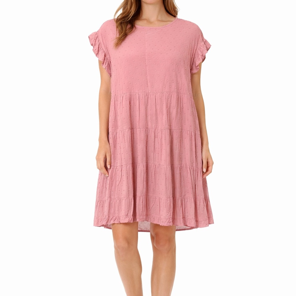 Francesca's Size Medium Pink Bohemian Style Polka Dot Swing Dress